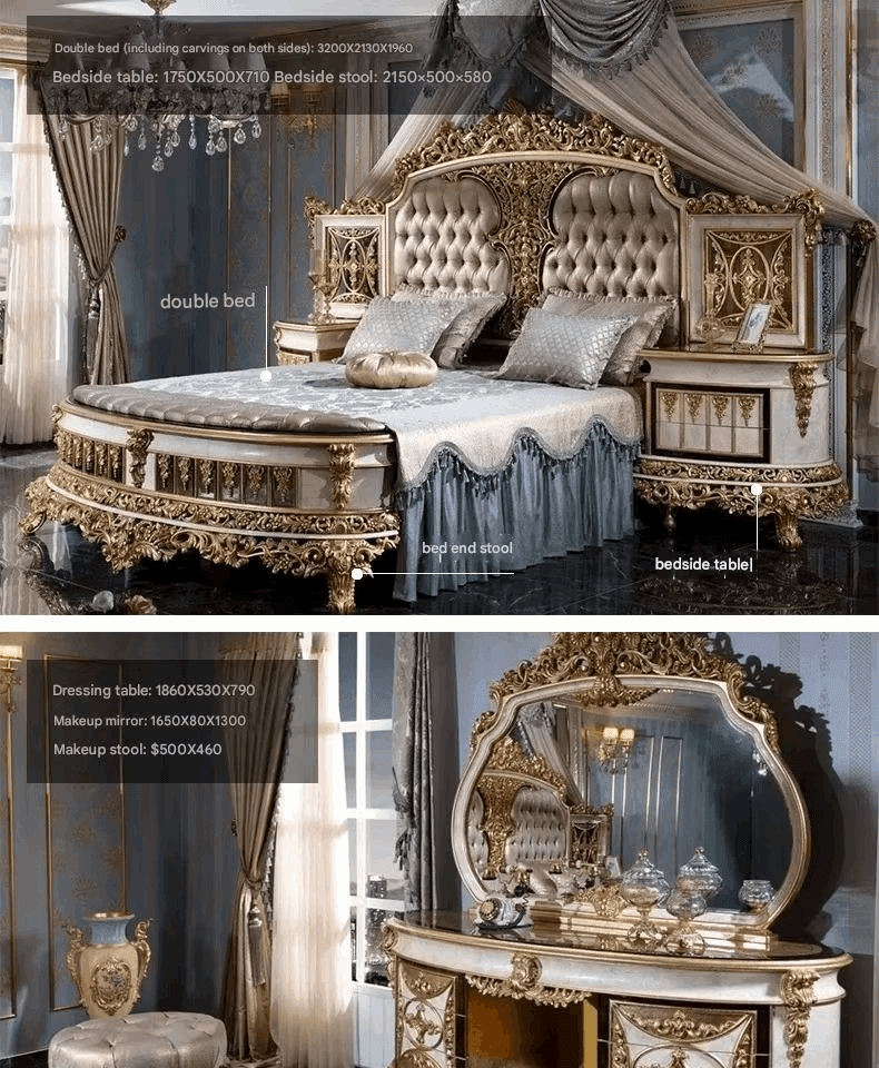 Luxury Royal Baroque Gold Double Bed European Bedroom Furniture with Optional Side Table - Le Joyau Store - Double Bed,European,Gold Engraved,Luxury,Modern - Bed