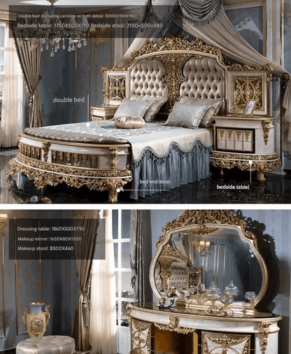 Luxury Royal Baroque Gold Double Bed European Bedroom Furniture with Optional Side Table - Le Joyau Store - Double Bed,European,Gold Engraved,Luxury,Modern - Bed