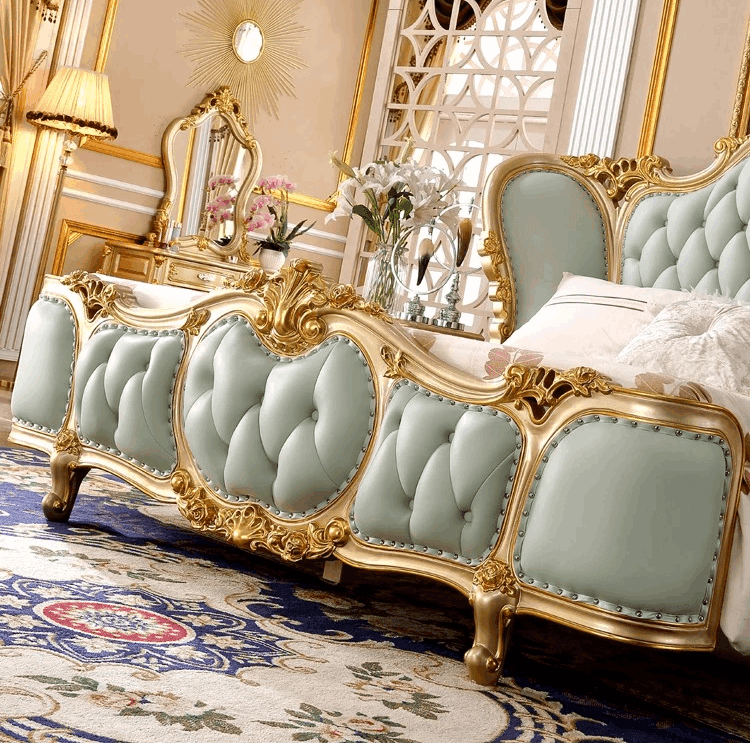 European Royal Mint Green Plush Leather King Size Luxury Bedframe with Gold Engraved Headboard - Le Joyau Store - Bedroom,Green,King Size,Leather,Modern - Bed Only