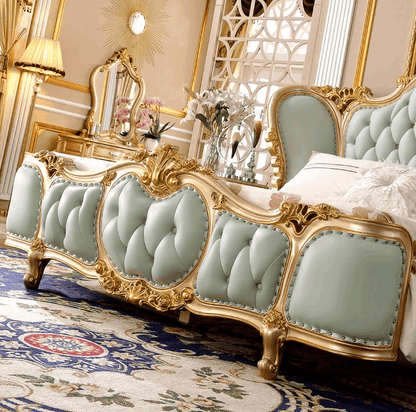 European Royal Mint Green Plush Leather King Size Luxury Bedframe with Gold Engraved Headboard - Le Joyau Store - Bedroom,Green,King Size,Leather,Modern - Bed Only