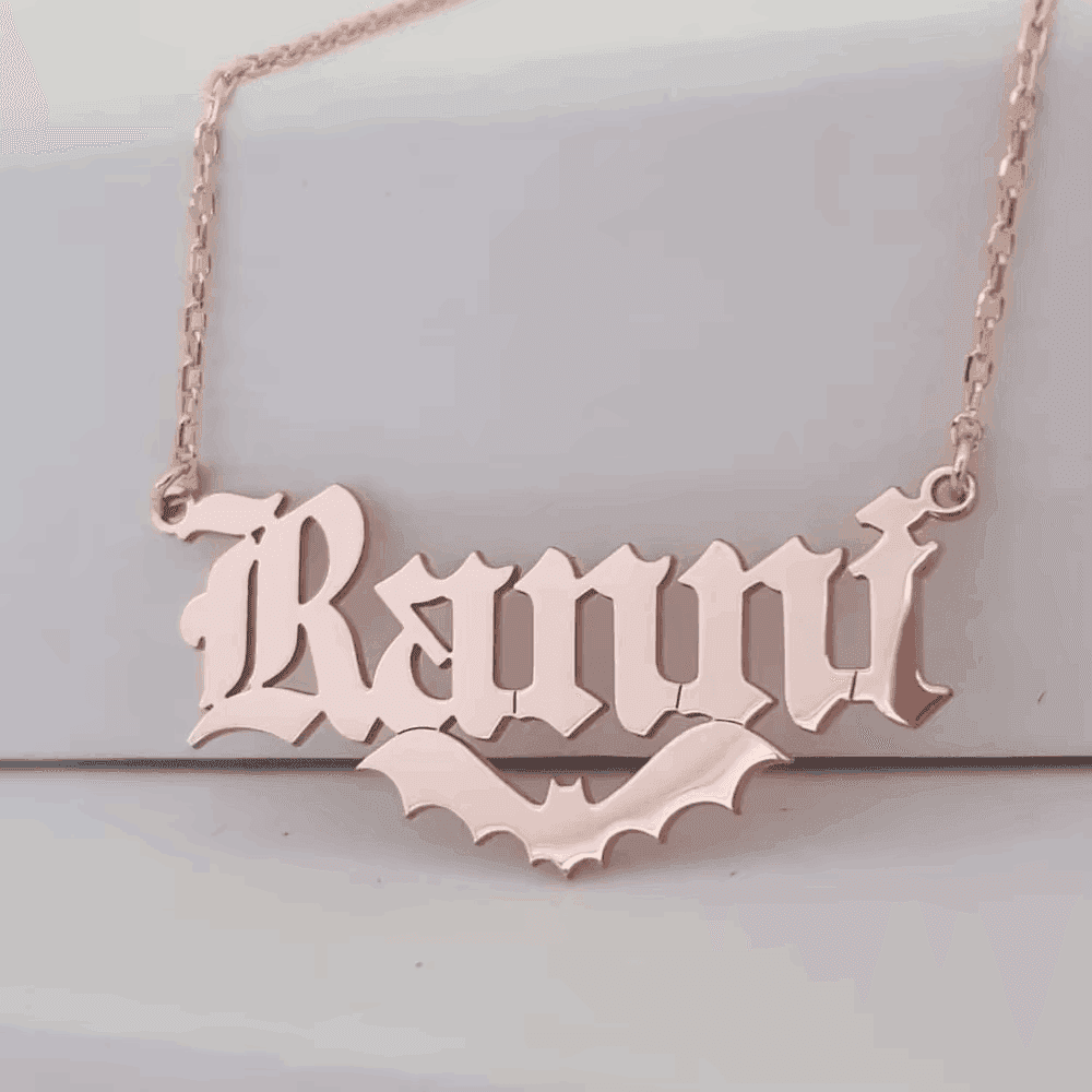 925 Sterling Silver 18K Plated Personalized Gothic Bat Name Necklace - Custom Old English Font - Le Joyau Store - bat lovers,name plate necklace - Gold / 16 inches