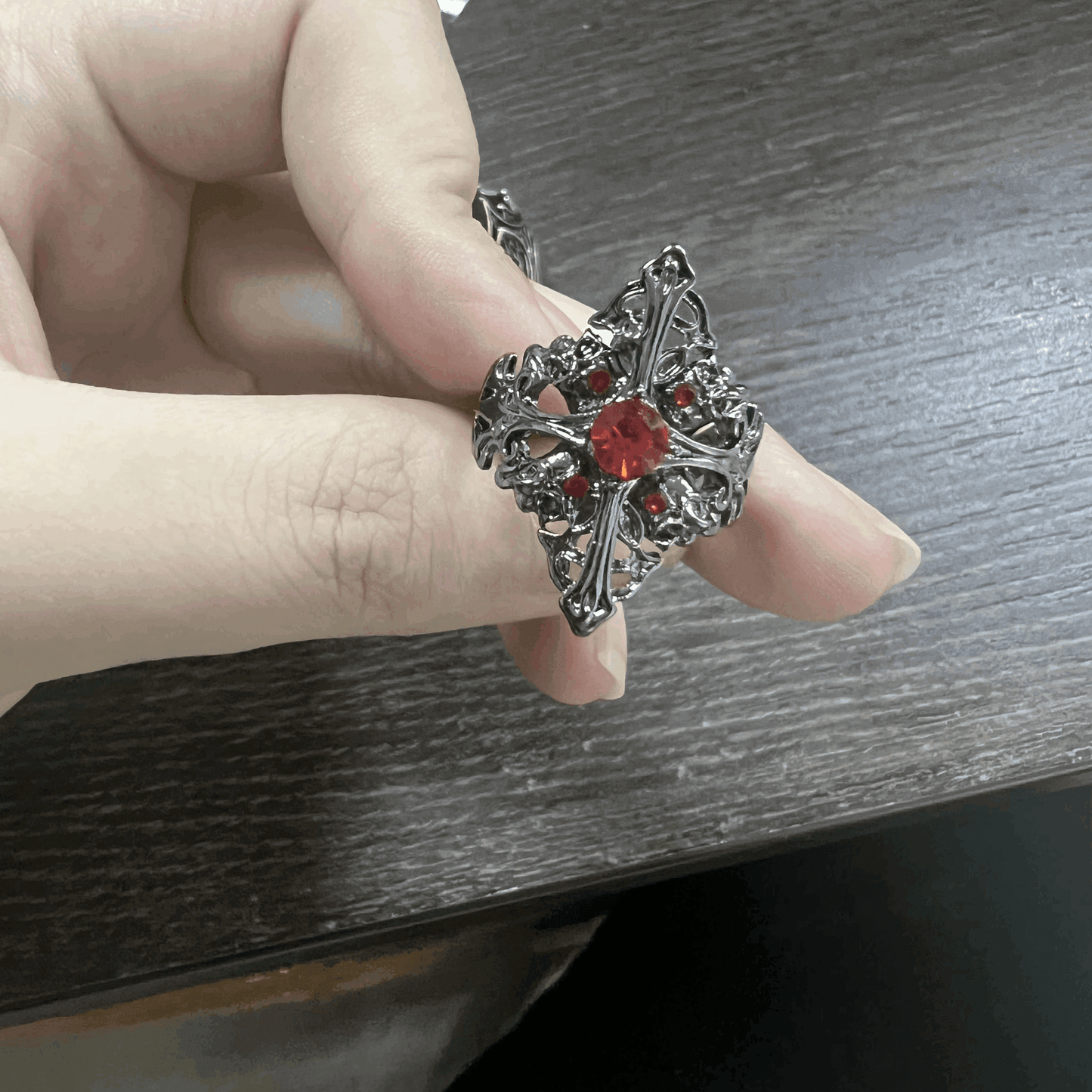 Dark Gothic Filigree Cross Adjustable Statement Ring with Red Crystal - Le Joyau Store - - Silver