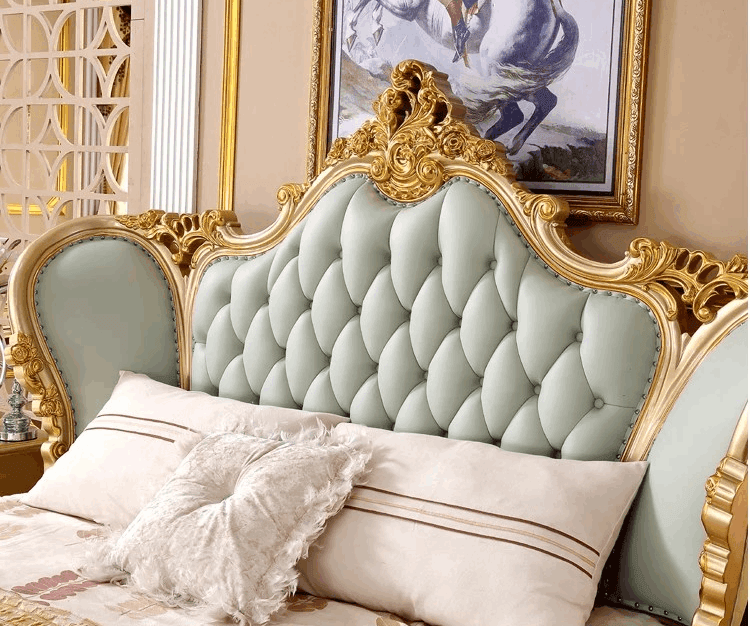 European Royal Mint Green Plush Leather King Size Luxury Bedframe with Gold Engraved Headboard - Le Joyau Store - Bedroom,Green,King Size,Leather,Modern - Bed Only