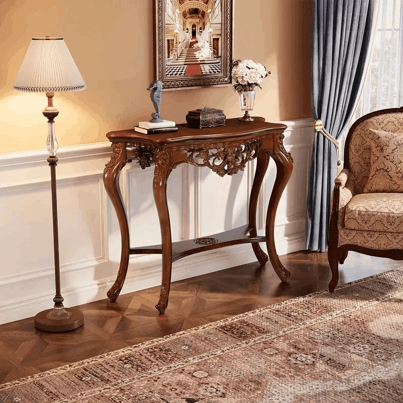 Antique Brown Vintage Floral Wooden Console Table with Cabriole Legs - Le Joyau Store - Brown,Floral,Rustic,side table,Vintage,Wood - 