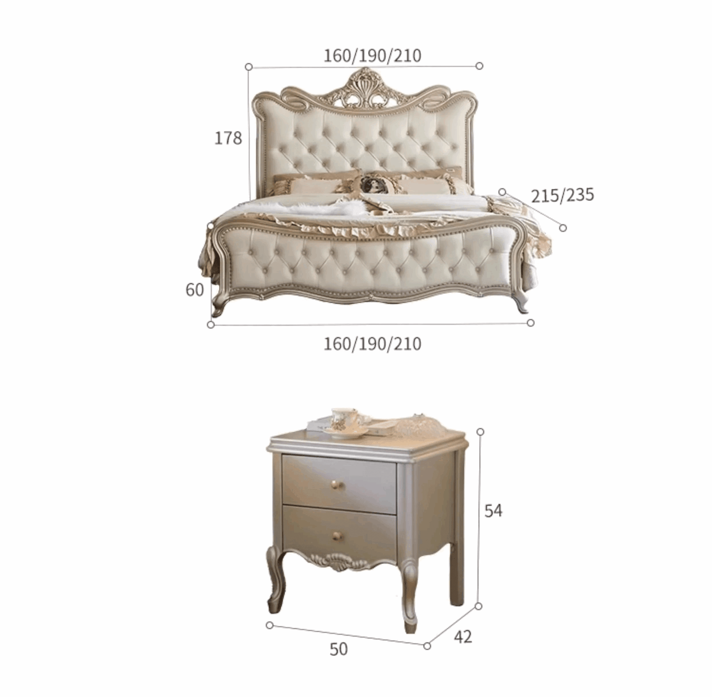 Luxury European Genuine Leather King Size Cream Royal Bed with Light Gold Engraved Headboard - Le Joyau Store - Double Bed,European,Luxury,Multifunction - 1.5x2.0M / Bed Only